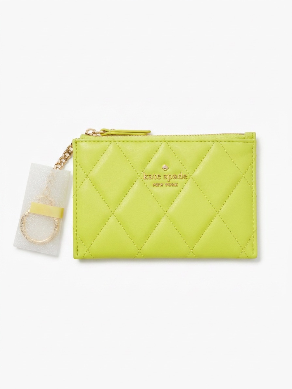 kate spade Neon Lime Slush Quilted Small Card Case with Key Ring NWT